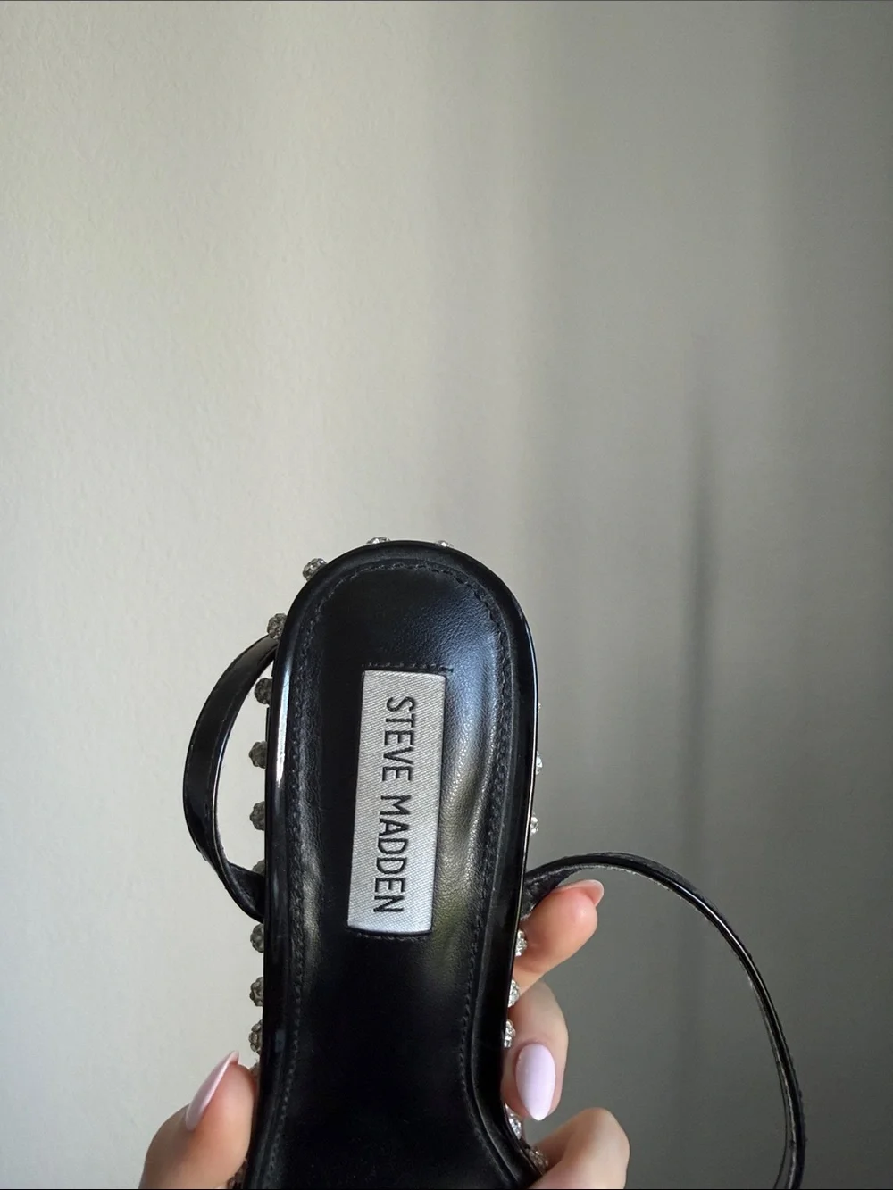 Steve Madden Black Patent Square-Toe Crystal Trim Sandal - Picture 3 of 3